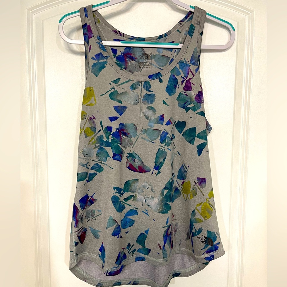 North Face FlashDry, Women’s L, teal & gray print, workout tank top